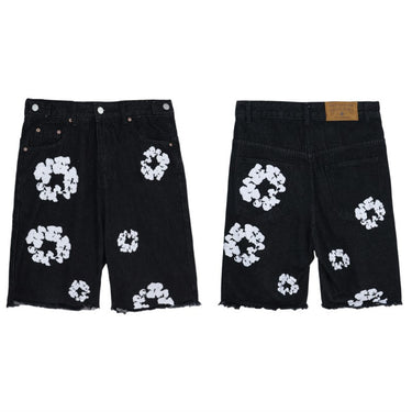 Black Cotton Wreath Denim Shorts